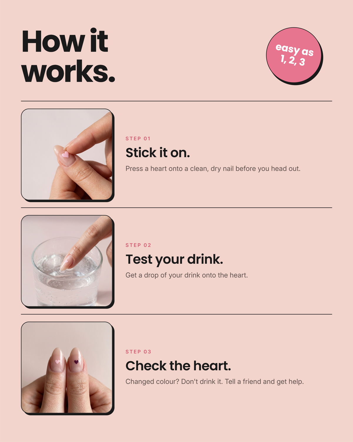 How to use SafeSip drink test nail stickers in three steps